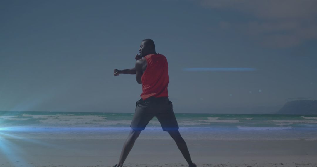 Fit Man Stretching on Sunny Beach, Embracing Ocean Vibes