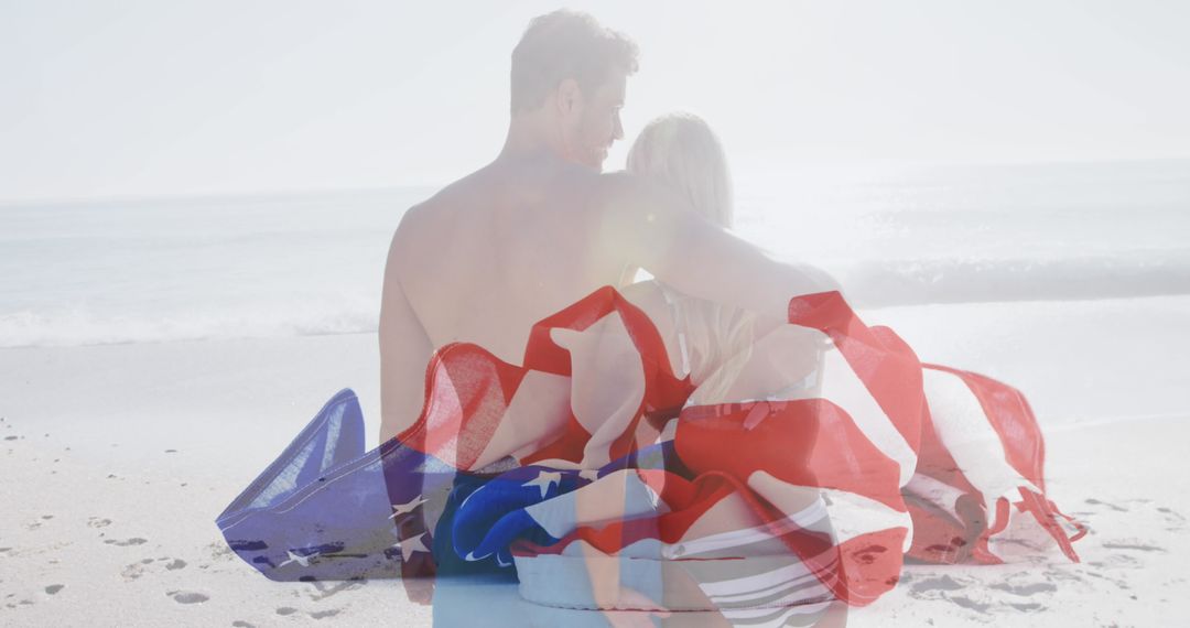 Couple Embraced with American Flag on Seashore