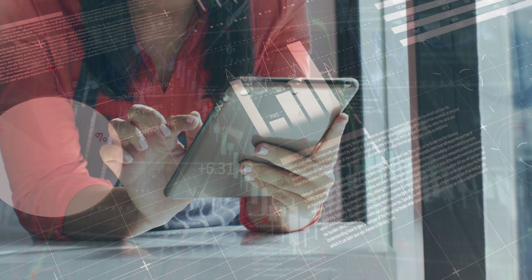 Businesswoman Analyzing Data on Digital Tablet Through Infographic Interface