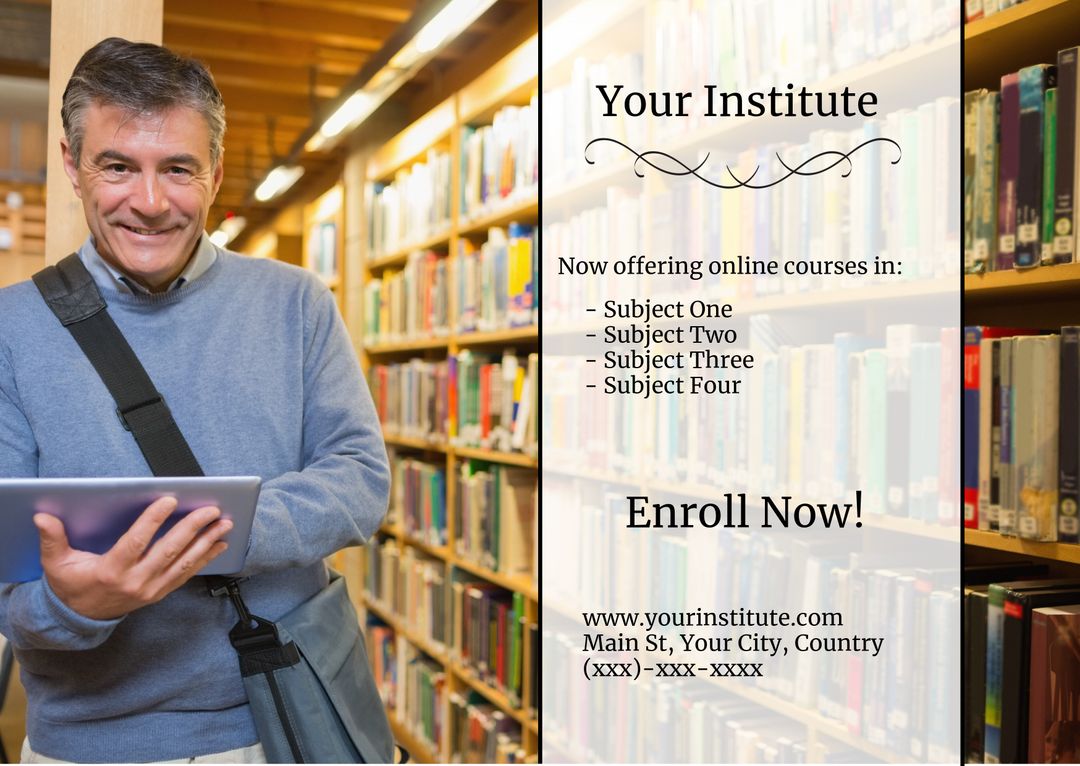 Mature Student in Library Promoting Online Learning Opportunities