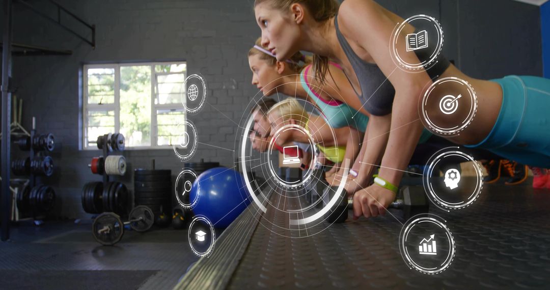 Group core plank training with fitness HUD overlay, stability ball and strength analytics