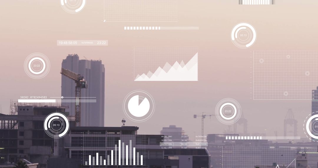Digital Financial Data Overlay on Cityscape at Dusk