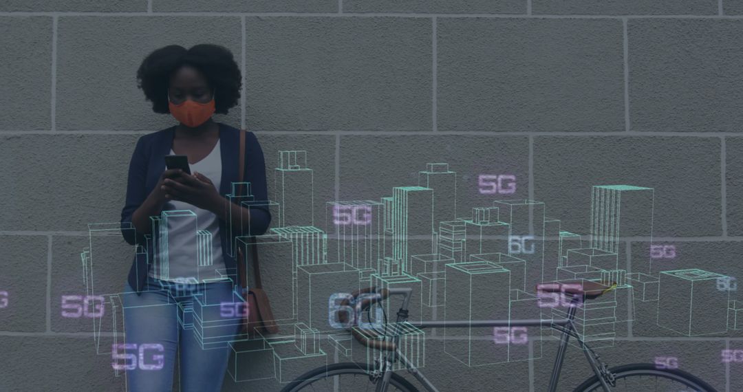 African American Woman Using Mobile Phone with 5G Graphics Overlay