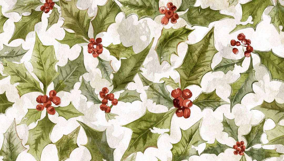 Handpainted watercolor holly seamless pattern with serrated green leaves and red berries