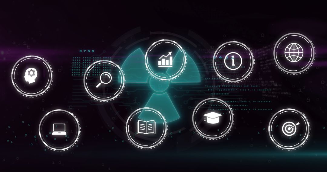 Digital Network with Data Processing Icons on Black Background