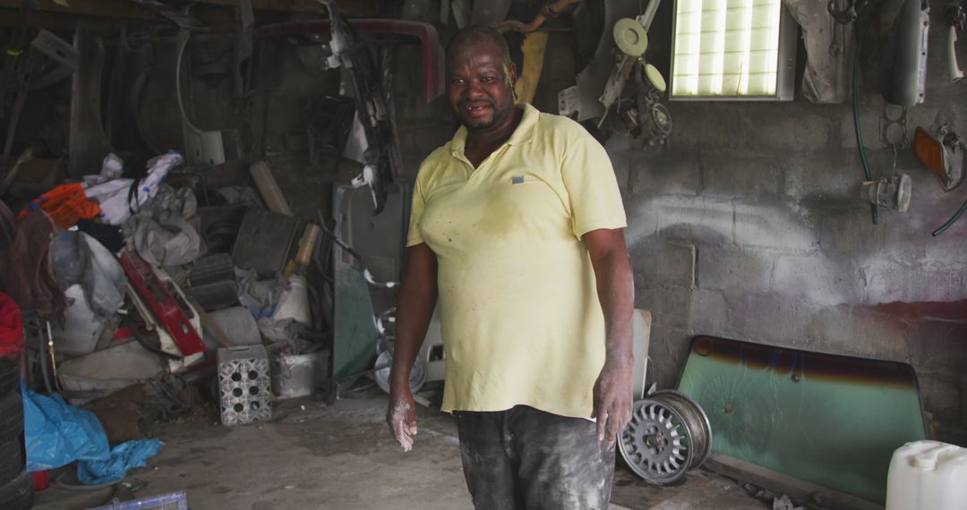 Joyful African Handyman in Workshop with Tools and Materials
