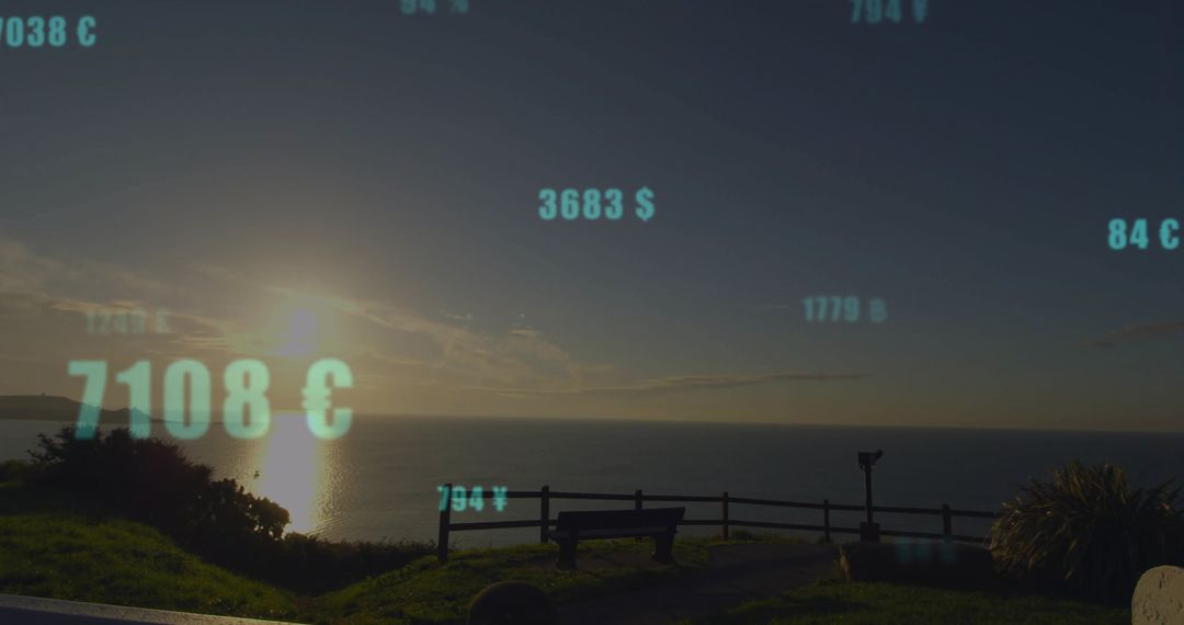 Sunset View with Floating Currency Data Overlays