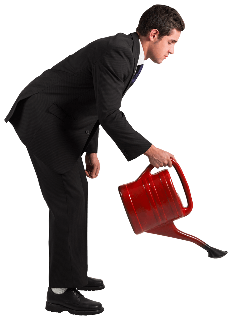 Businessman in Suit Watering Ground with Red Watering Can Transparent PNG