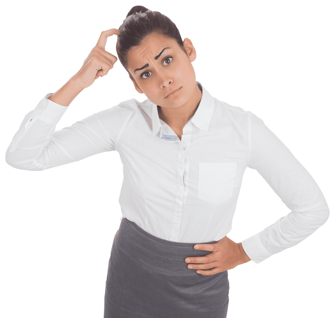 Transparent Thinking Businesswoman Scratching Head in Confusion