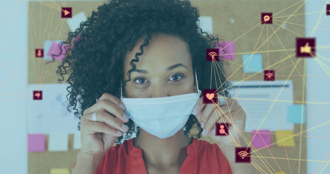 Woman in Office with Face Mask and Abstract Social Media Network