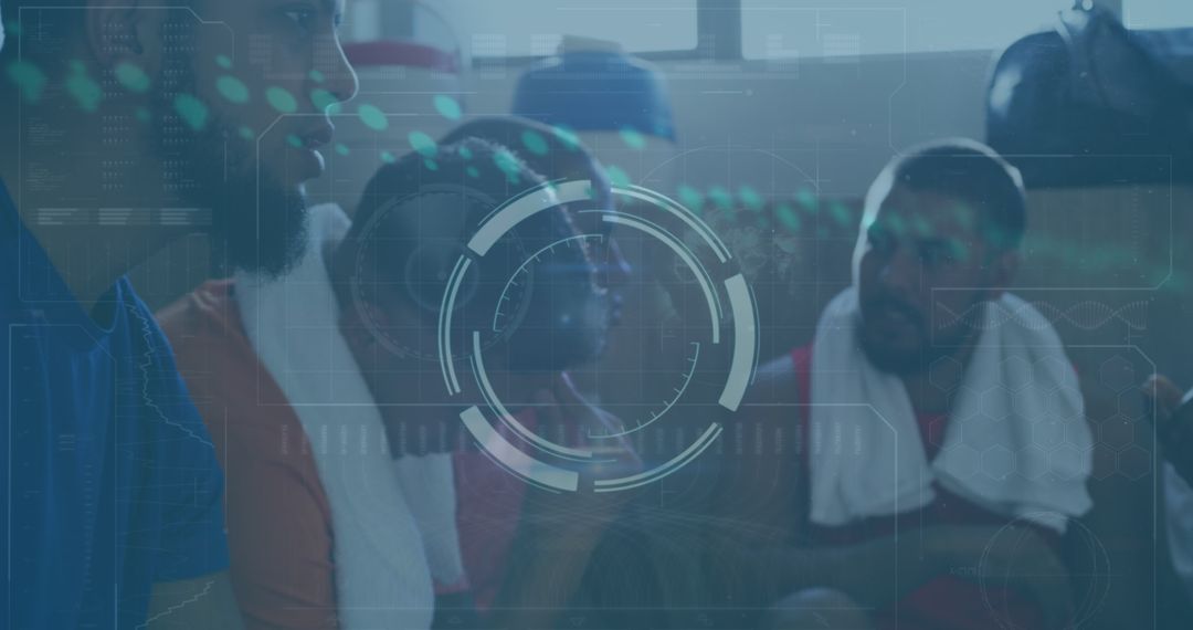 Diverse Football Players Analyzing Performance Data Overlay