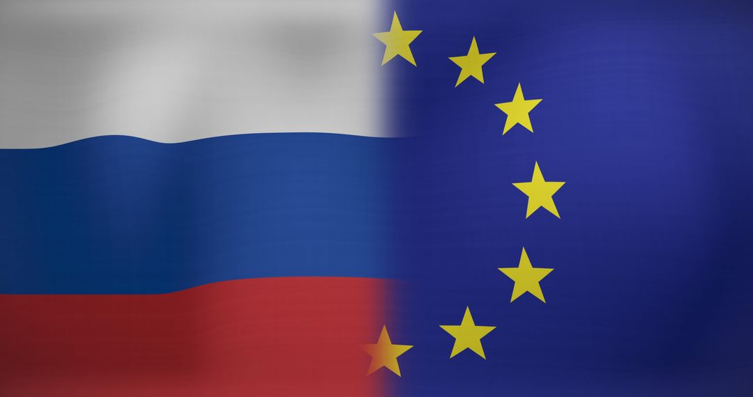Russia and EU Flags Moving and Flowing Side-by-Side