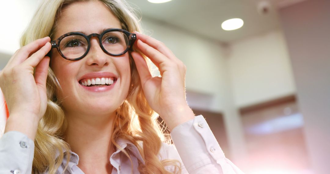 Woman Adjusting Glasses and Smiling in Bright Office - Free Images, Stock Photos and Pictures on Pikwizard.com