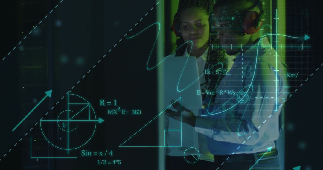 IT Technicians Analyzing Data in Server Room with Futuristic Graphics