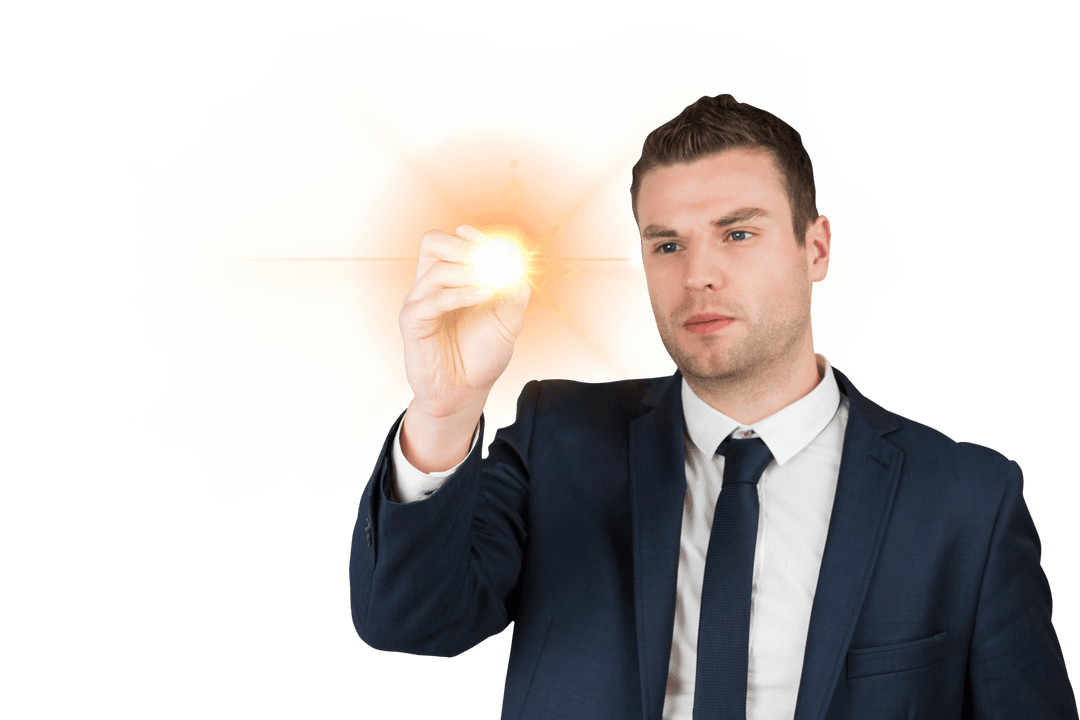 Focused Businessman Holding Light Spot on Transparent Background