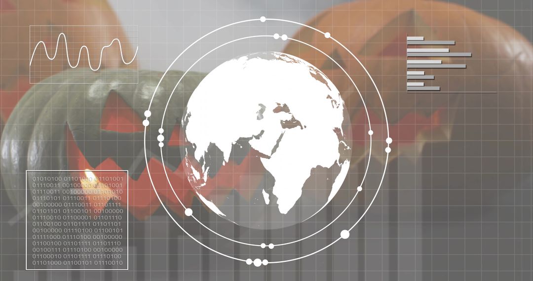 Globe hovering over carved pumpkins with data overlay for Halloween cybersecurity concept
