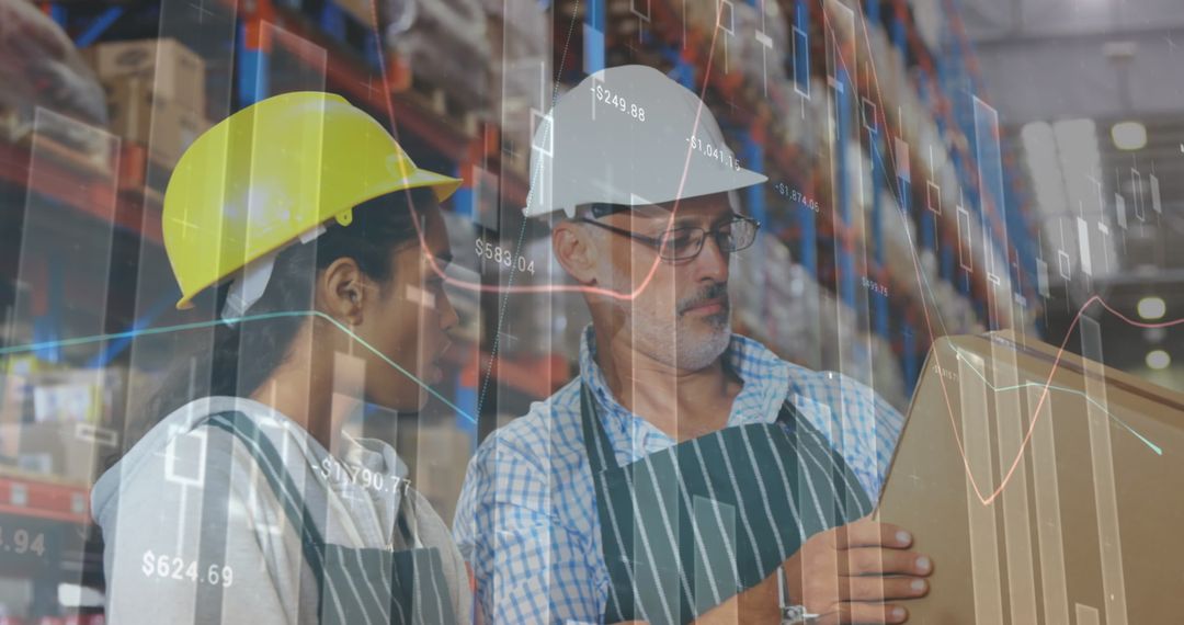 Warehouse Workers Analyzing Storage Data Visualization