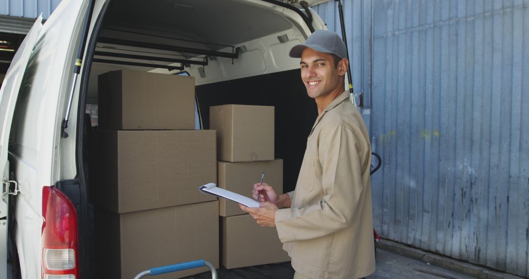 Smiling Warehouse Worker Checking Cargo in Delivery Truck