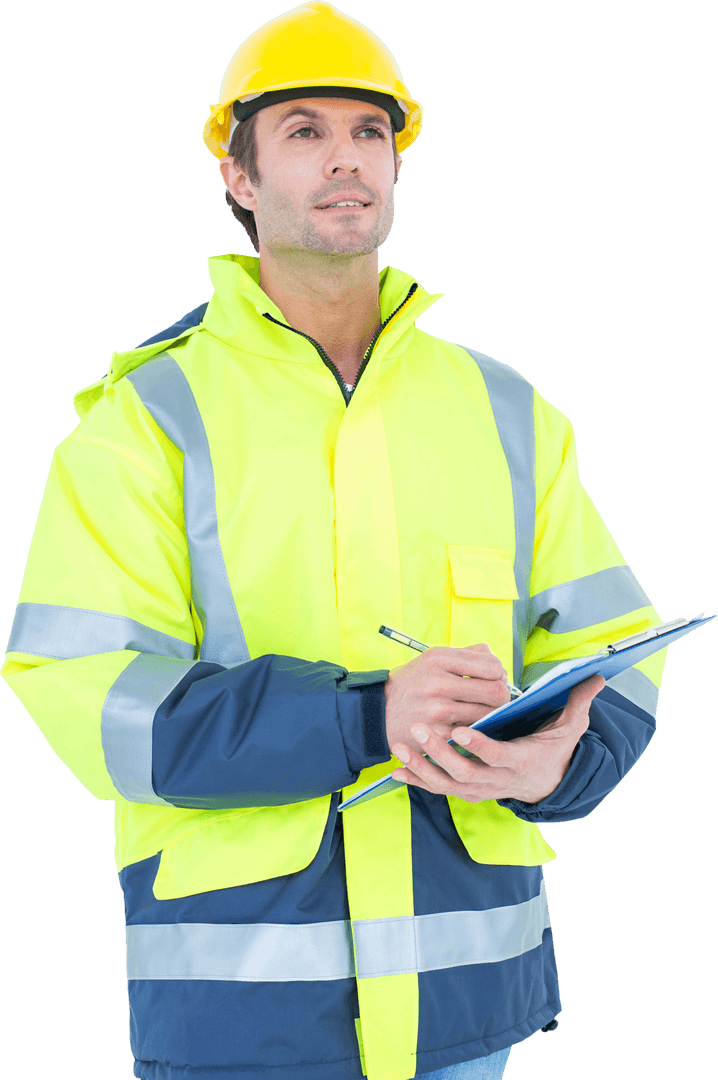 Transparent Construction Engineer Writing on Clipboard for Project Plans