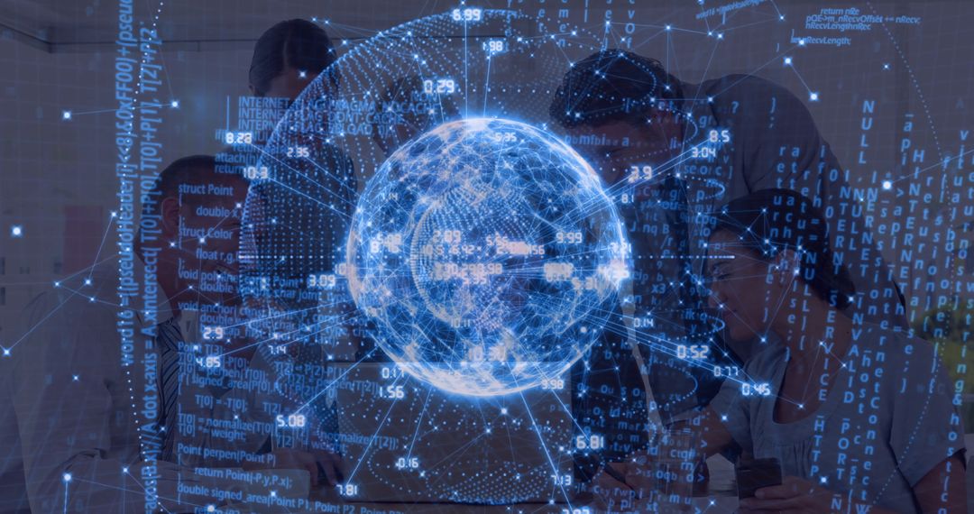 Business Team Analyzing Holographic Globe in High-Tech Office