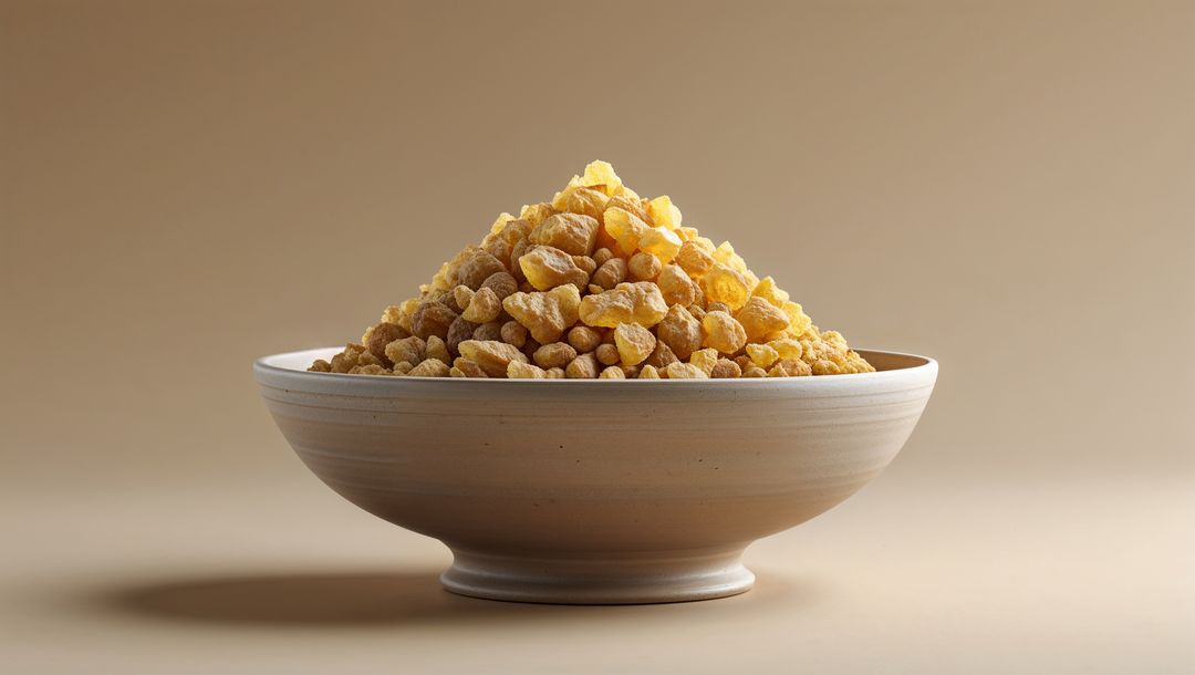 Yellow frankincense crystals in rustic ceramic bowl on beige background