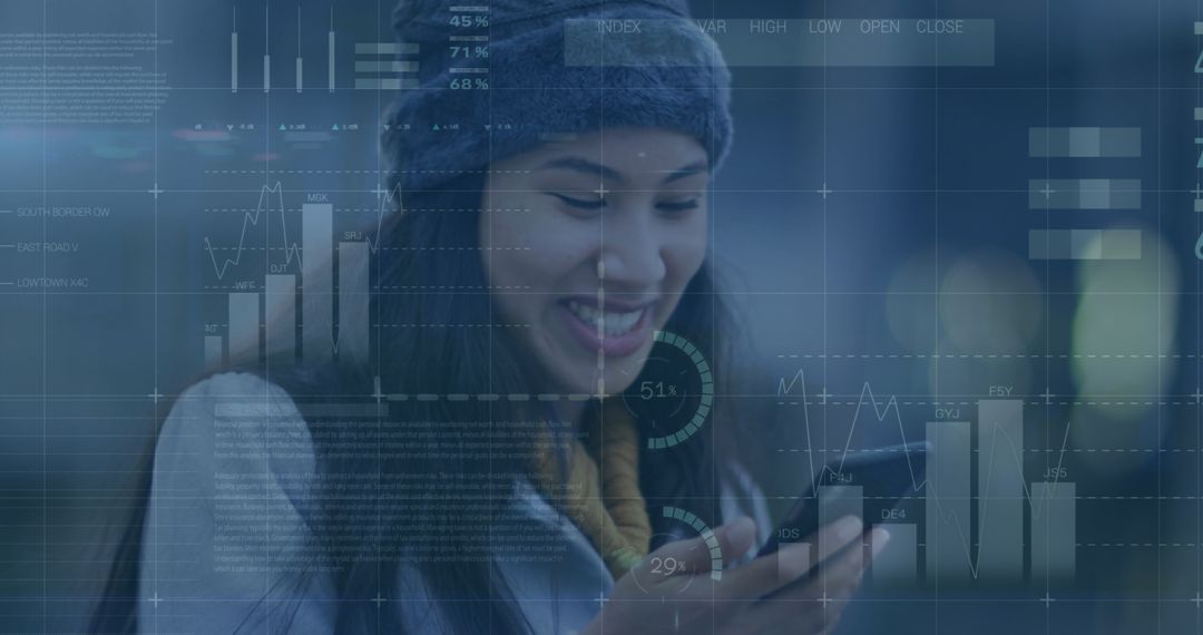 Happy Woman Interacting with Smartphone and Business Graphs Overlay