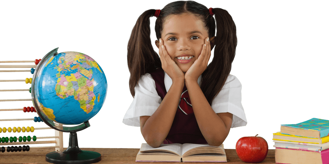 Smiling Schoolgirl with Books and Transparent Globe at Desk
