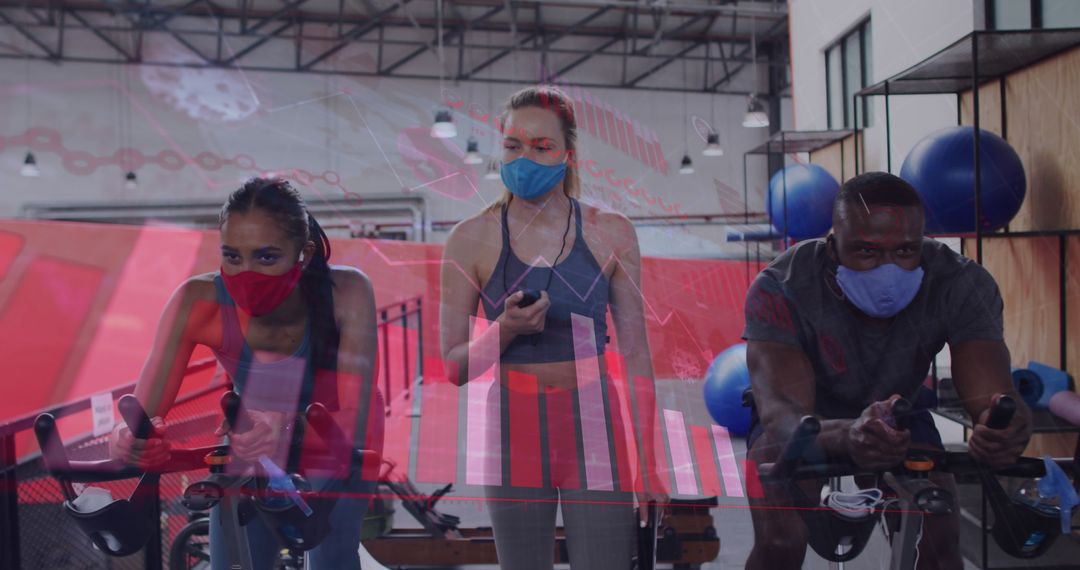 Diverse Group Exercising with Masks Amid COVID-19 Overlay