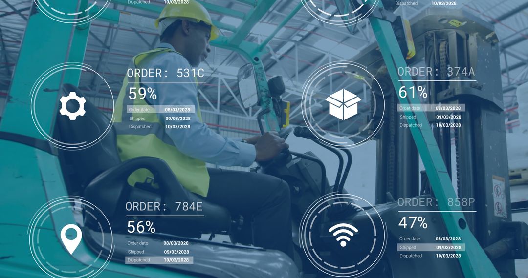 Warehouse Worker Operating Forklift with Digital Logistics Data Overlay