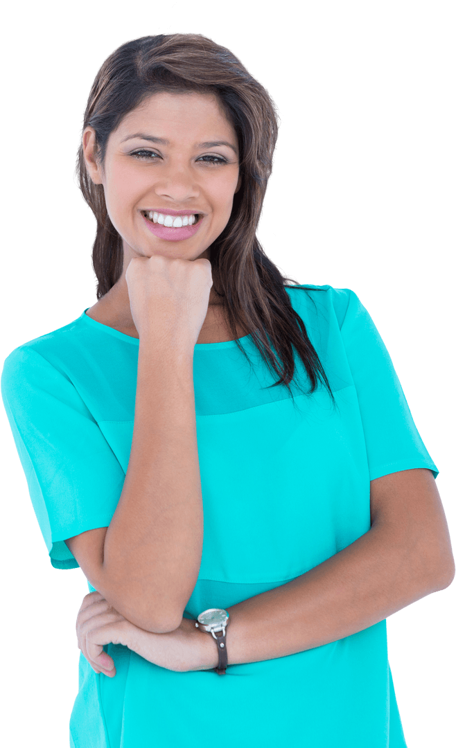 Smiling Woman in Turquoise Top on Transparent Background