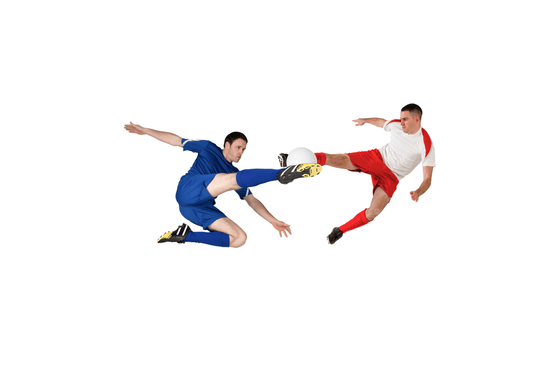 Dynamic Soccer Players Tackling for Ball on Transparent Background