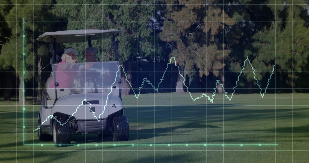 Two Golf Players in Cart with Digital Data Overlay