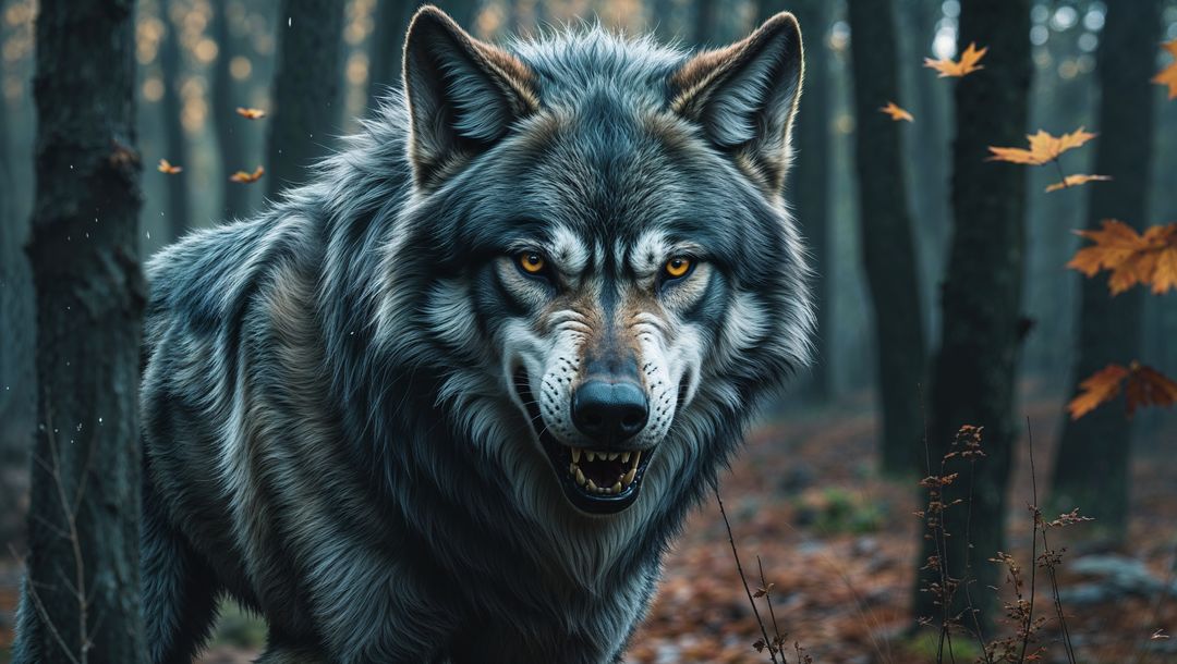Snarling gray werewolf in misty forest with autumn leaves
