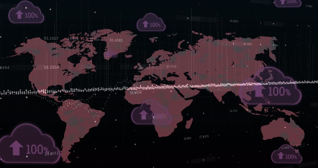 Data Storage Clouds Over World Map with Rising Percentages