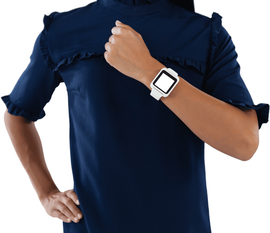 Businesswoman Displaying Smartwatch on Forearm Transparent Background