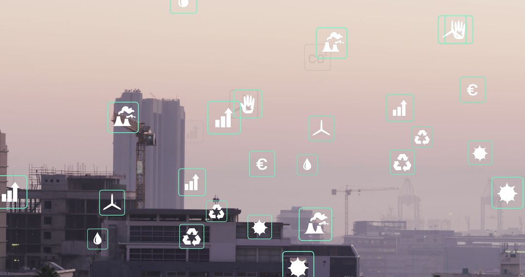 Digital Data Icons Overlaying Modern Cityscape at Dusk