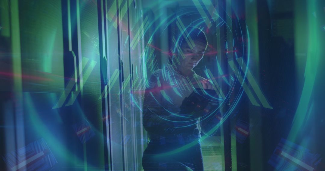 Female Engineer Managing Servers in High-Tech Digital Environment