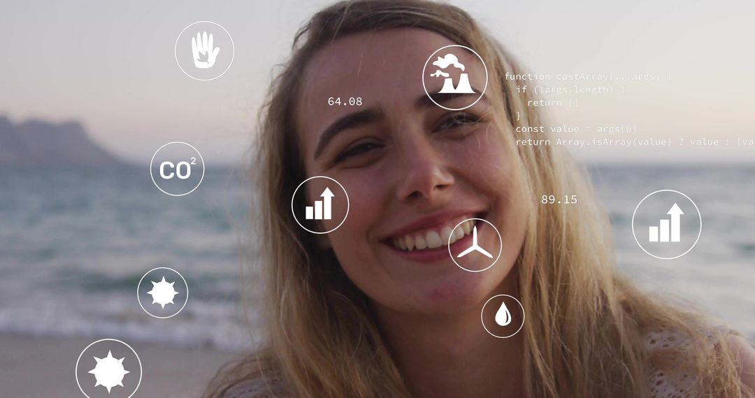 Smiling Woman on Beach with Eco Icons Overlaid, Highlighting Technology
