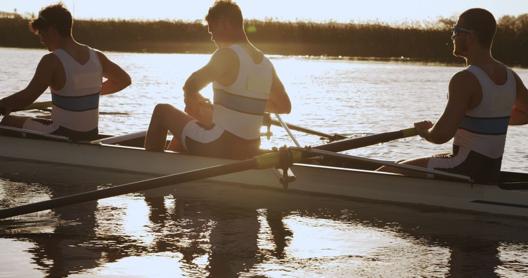 Team of Male Rowers Paddling on River during Sunset - Free Images, Stock Photos and Pictures on Pikwizard.com