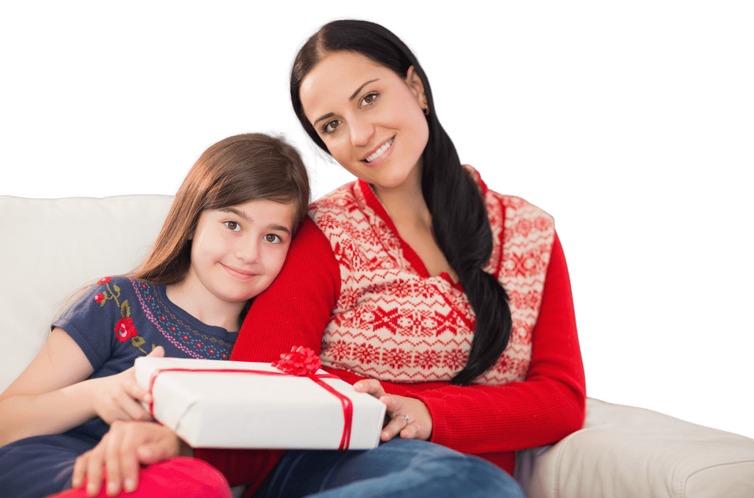 Transparent Background Mother and Daughter Celebrating with Present