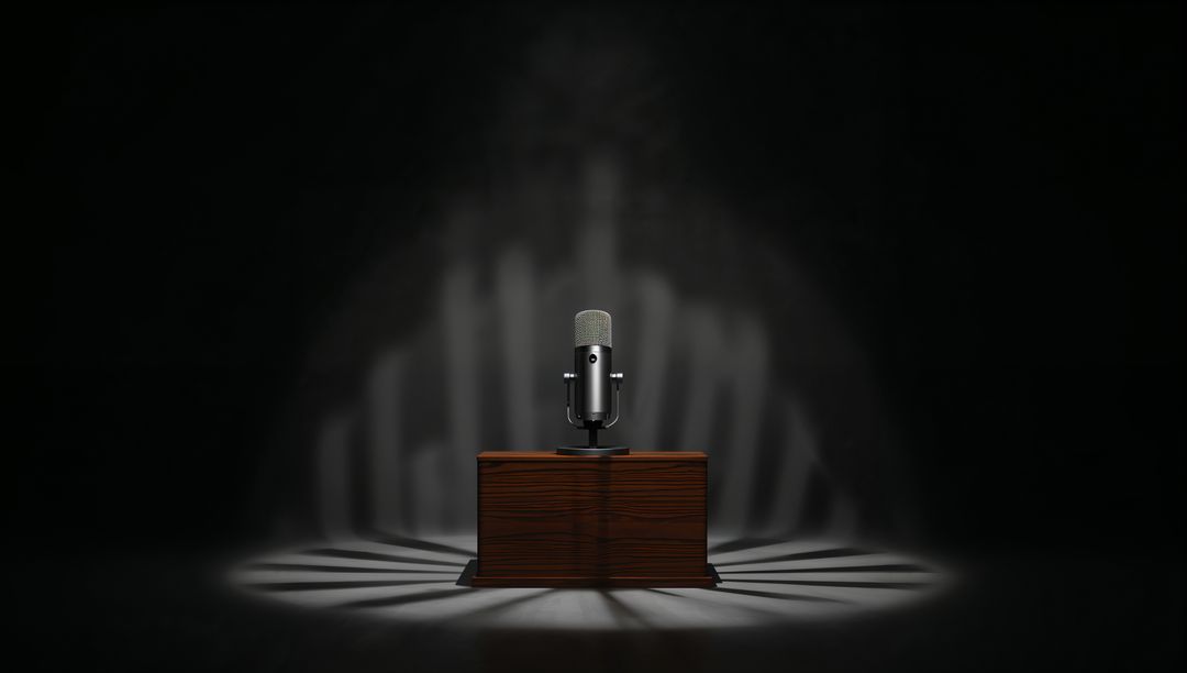 Broadcast Microphone on Wooden Pedestal in Dramatic Spotlight with Radial Shadows