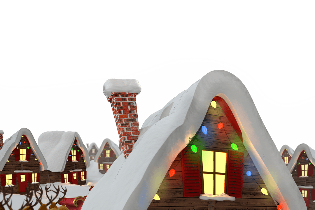 Christmas Cottages with String Lights on Transparent Background