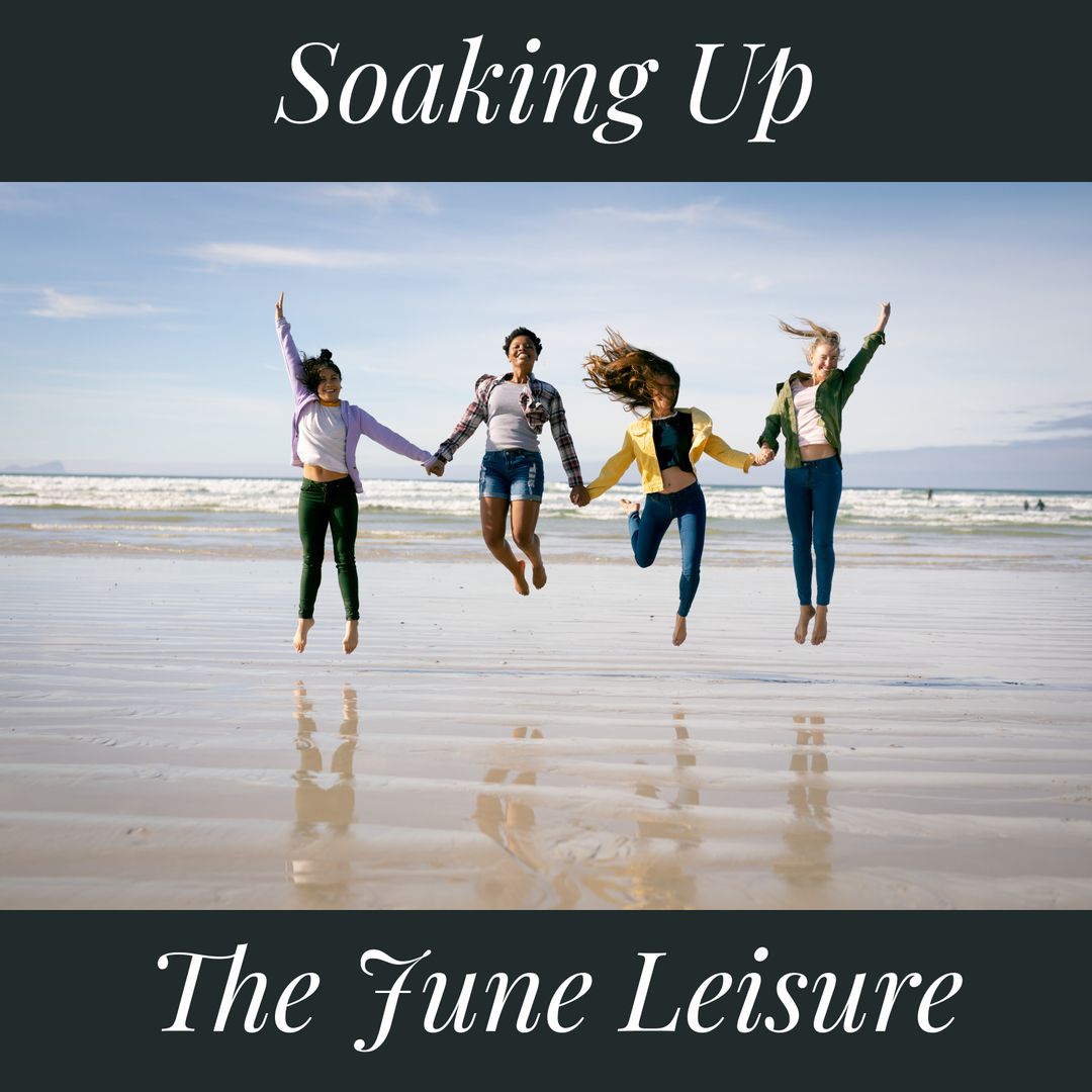 Group of Friends Jumping Joyfully on Beach at Daybreak