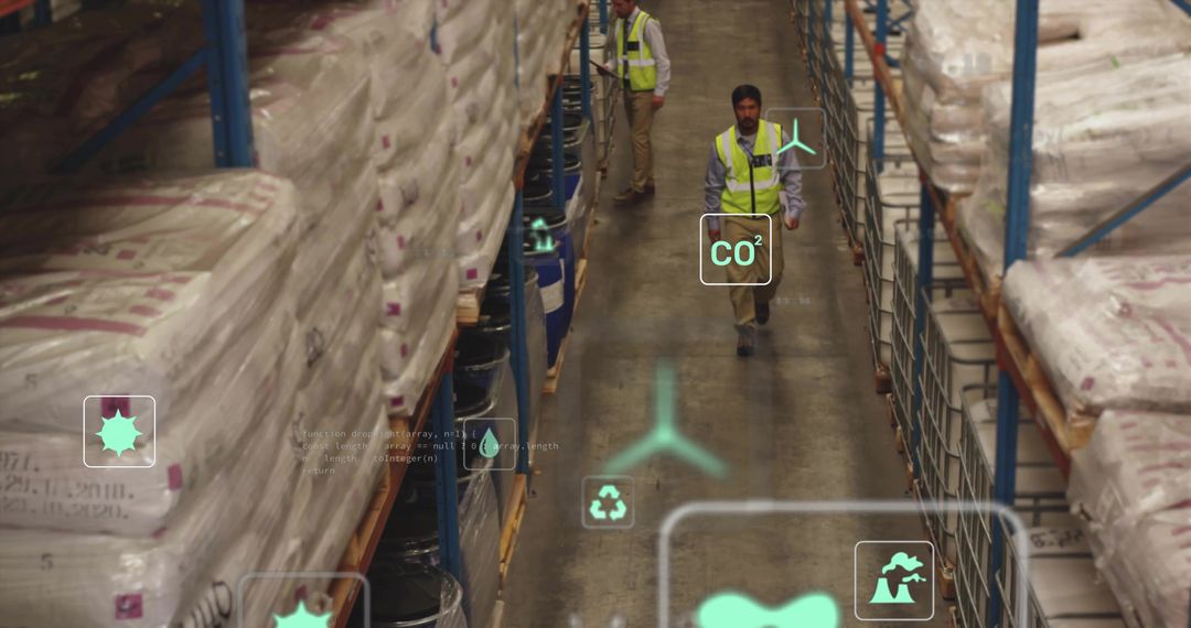 Warehouse Workers Inspecting Inventory Aisles with AR Sustainability and CO2 Monitoring