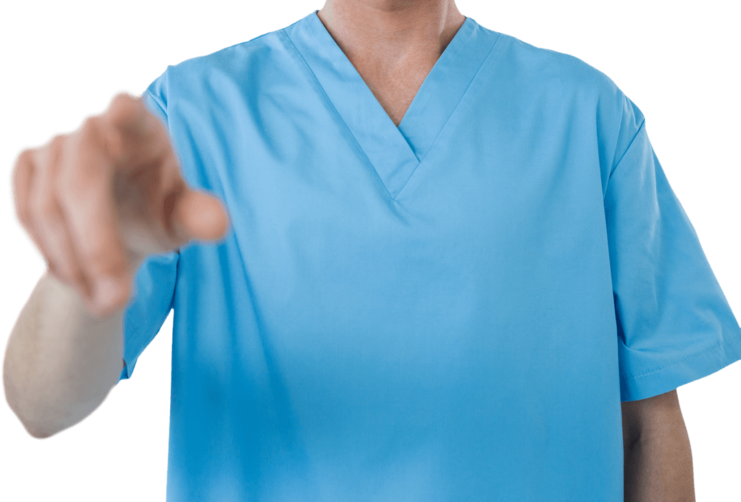 Male Nurse Interacting with Transparent Interface in Scrubs