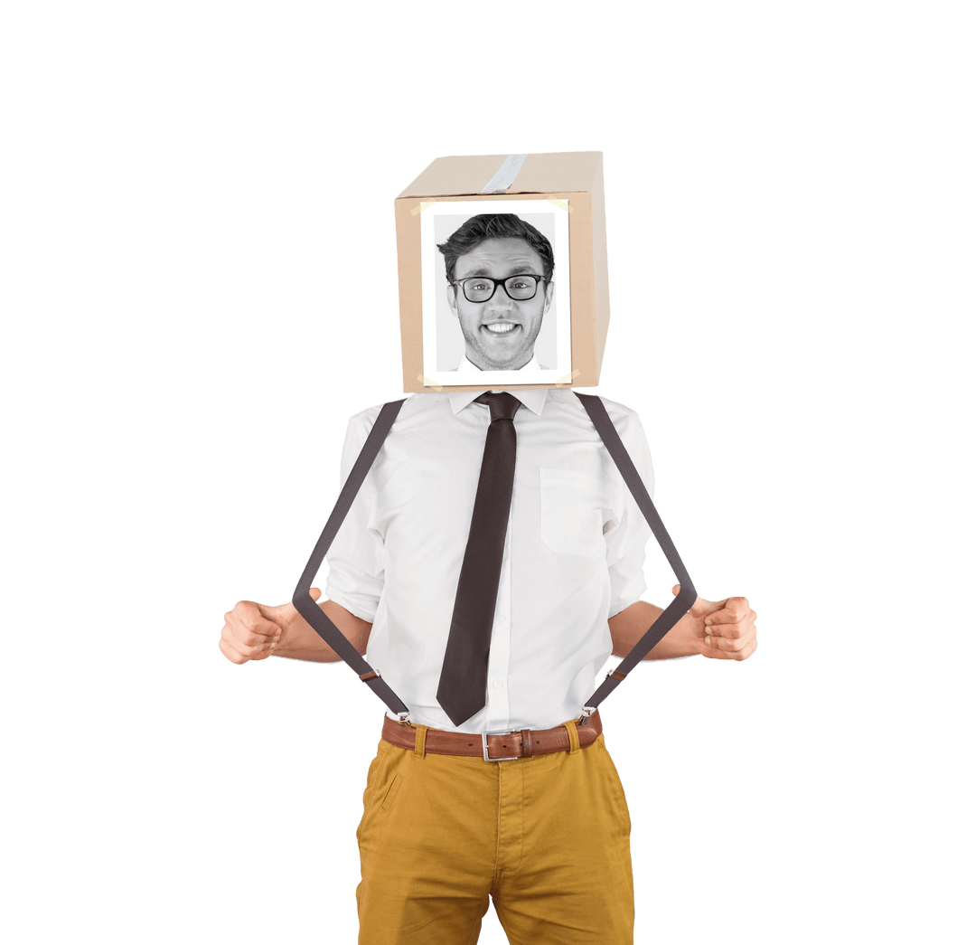 Transparent Suspender Man Wearing Photo Box Head