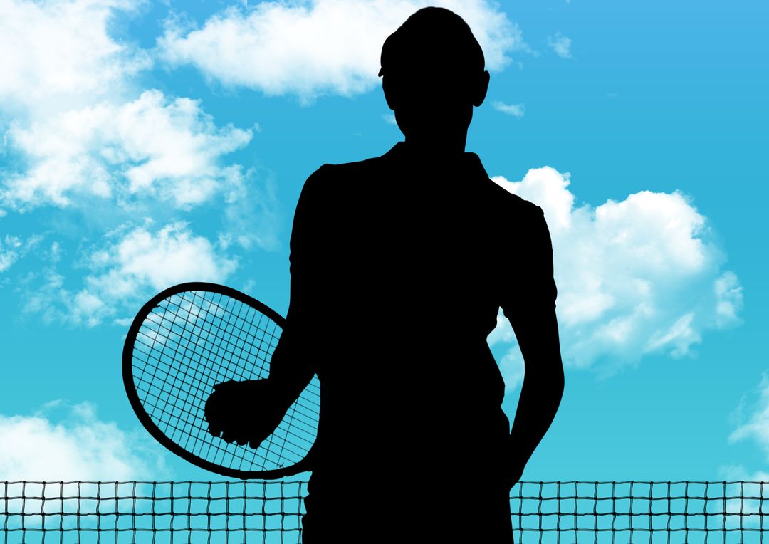 Silhouette of Tennis Player with Racket Against Blue Sky