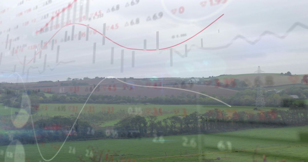 Digital Data Charts Overlaying Idyllic Rural Countryside Landscape