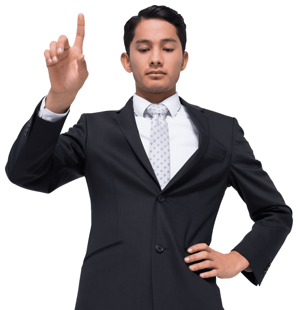 Transparent Businessman in Suit Pointing Upward Confidently