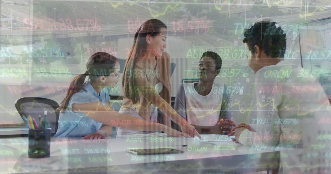 Diverse Female Team Collaborating Amidst Financial Data Overlay